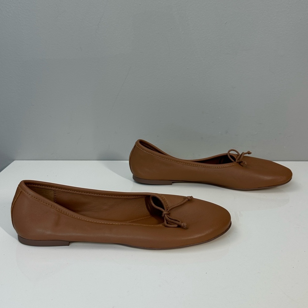 Women's Tan Leather Ballet Flats with Bow - Picture 2 of 15